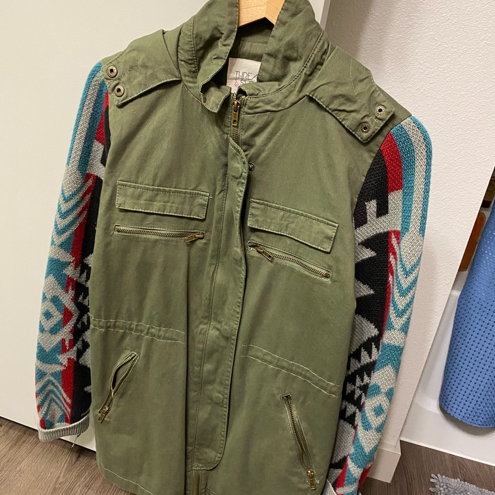 Thread & Supply Green Utility Jacket with Patterned Sleeves